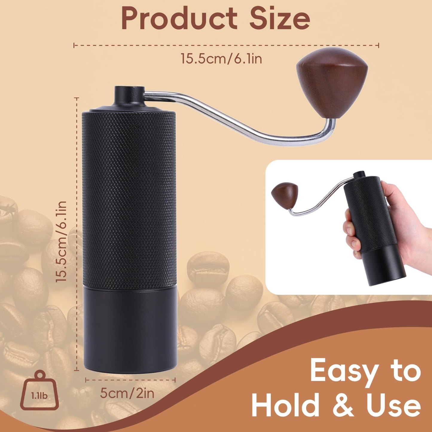 Manual Coffee Grinder with Stainless Steel Conical Grinding Burr Hand Crank Coffee Bean Grinder Mill for Espresso Pour Over French Press Moka for Office Home Camping Traveling