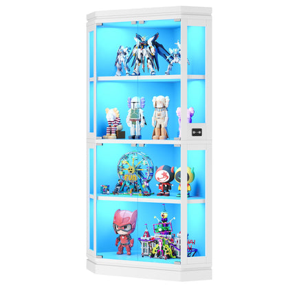 Jocoevol Corner Display Cabinet with 4 Glass Doors, 4-Tier Display Cases with RGB Lights for Collectibles, 67'' Tall Corner Curio Cabinet with Human Body Sensor for Living/Game Room (White)