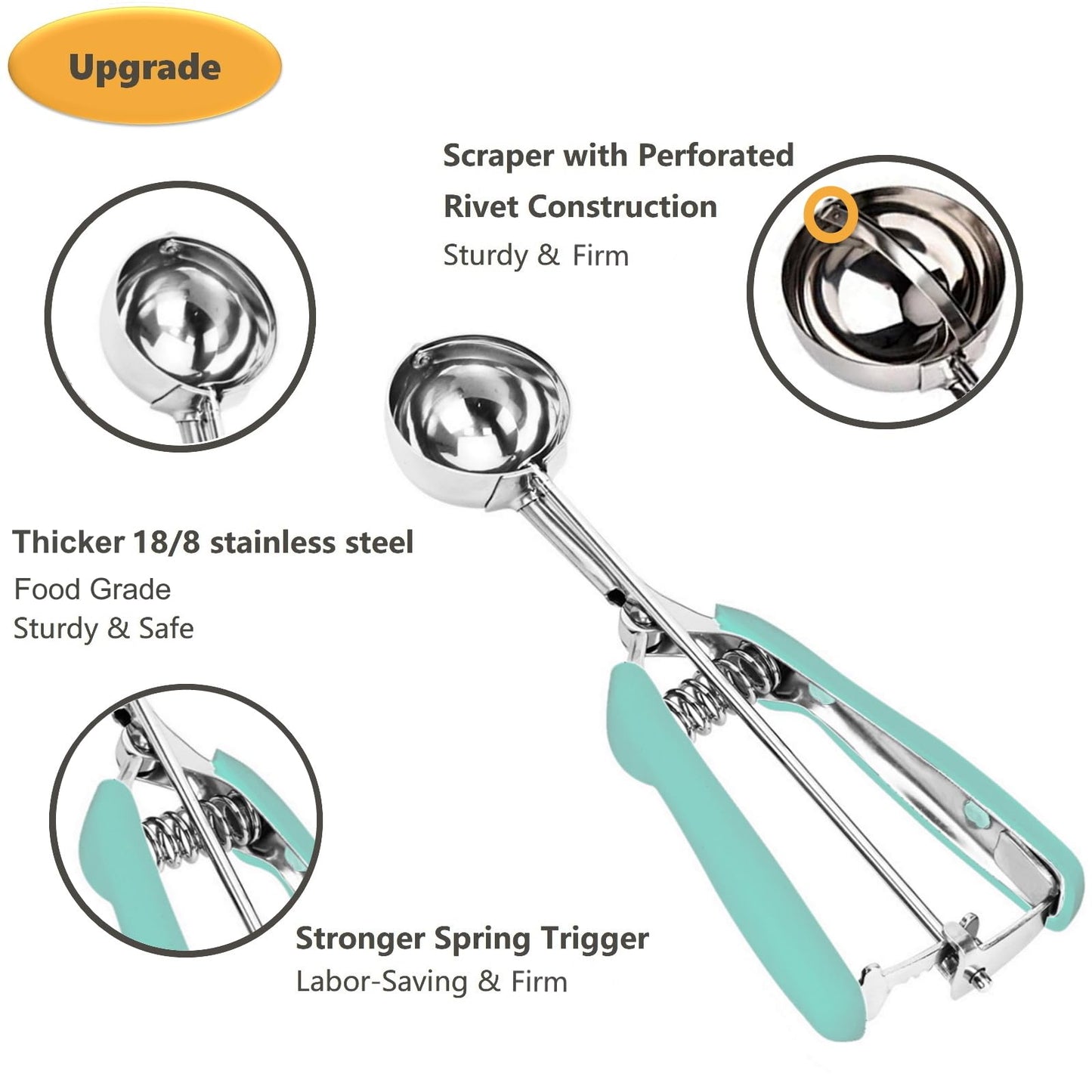 Cookie Scoop Set, 3Pcs Ice Cream Scoop, Cookie Scoops for Baking Set of 3, 18/8 Stainless Steel Cookie Scooper for Baking, Ice Cream Scooper with Trigger Release, Mint Soft Grip Cookie Dough Scoop