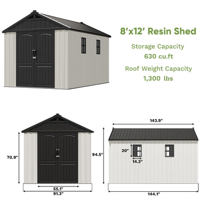 Patiowell 8x12 FT Outdoor Storage Shed, Plastic Shed Resin Garden Shed with Floor & Window & Lockable Door for Patio Furniture, Backyard Tools, Bicycles & Lawnmower, Beige