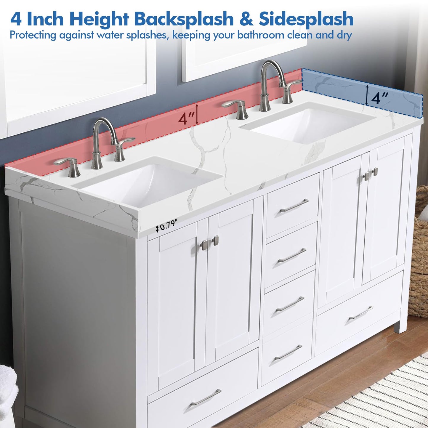 EQLOO 60 in.W x 22 in.D Quartz Calacatta River Vanity Top,with Undermount Double Sink Vanity Top,with Two Sidesplash & One Backsplash,8 Inch Faucet Hole Spread Bathroom Vanity Sink Countertop