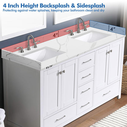 EQLOO 60 in.W x 22 in.D Quartz Calacatta River Vanity Top,with Undermount Double Sink Vanity Top,with Two Sidesplash & One Backsplash,8 Inch Faucet Hole Spread Bathroom Vanity Sink Countertop