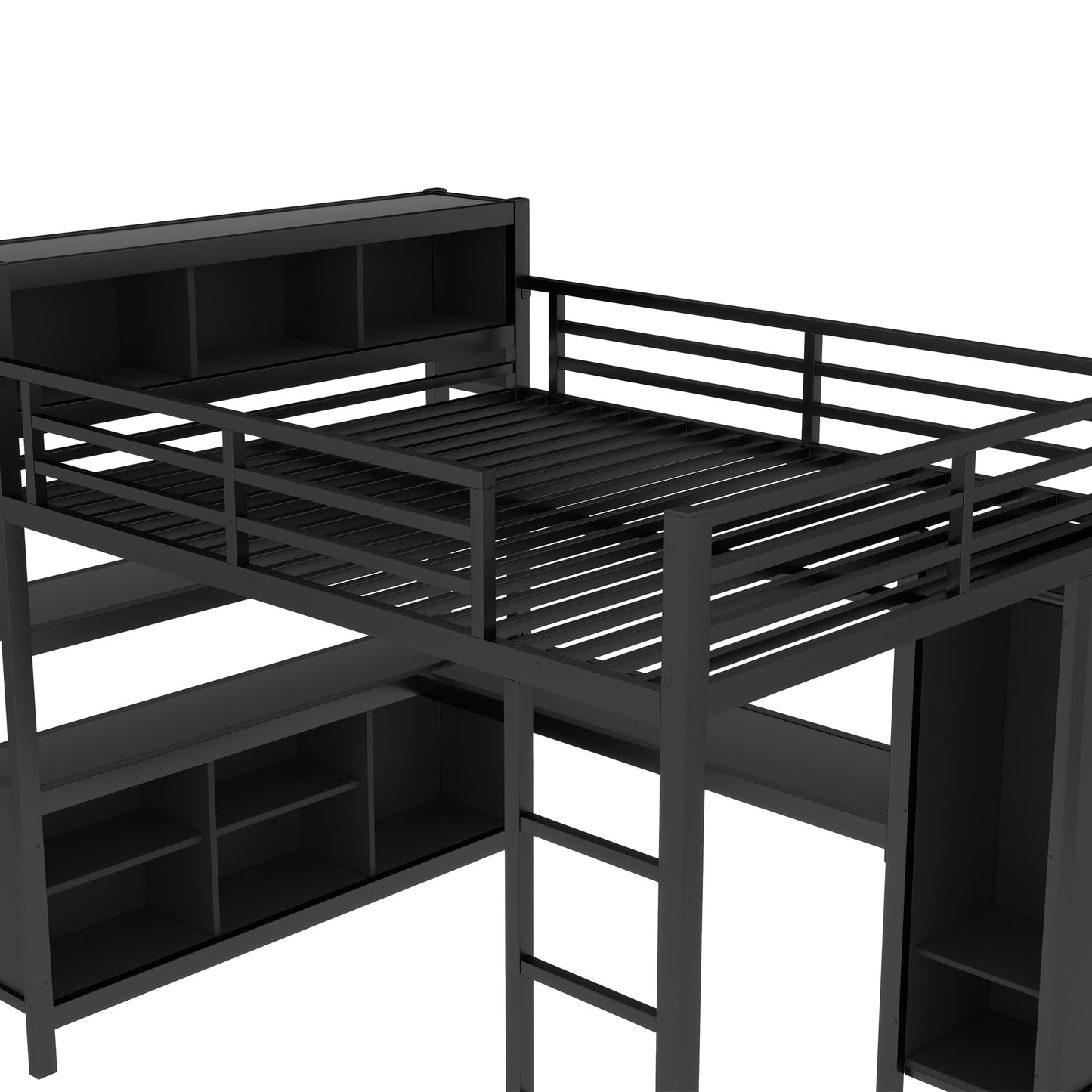 Bellemave Queen Size Loft Bed with Desk, Wardrobe & Storage Shelves, Modern Metal Loft Bed Frame for Adults, Teens, Kids, Space-Saving Queen Bed for Small Rooms, Dorms, Apartments (Queen, Black)