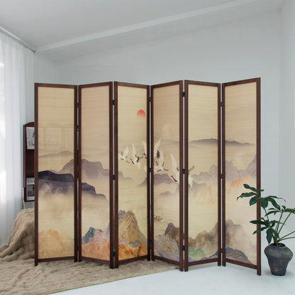 Furnnylane 6 Panel Bamboo Room Divider, 5.6 ft Tall Double-Sided Freestanding Folding Privacy Screen, Premium Thickened Wood Frame with Colorful Landscape Pattern for Home Office (67" H x 94.5" W)