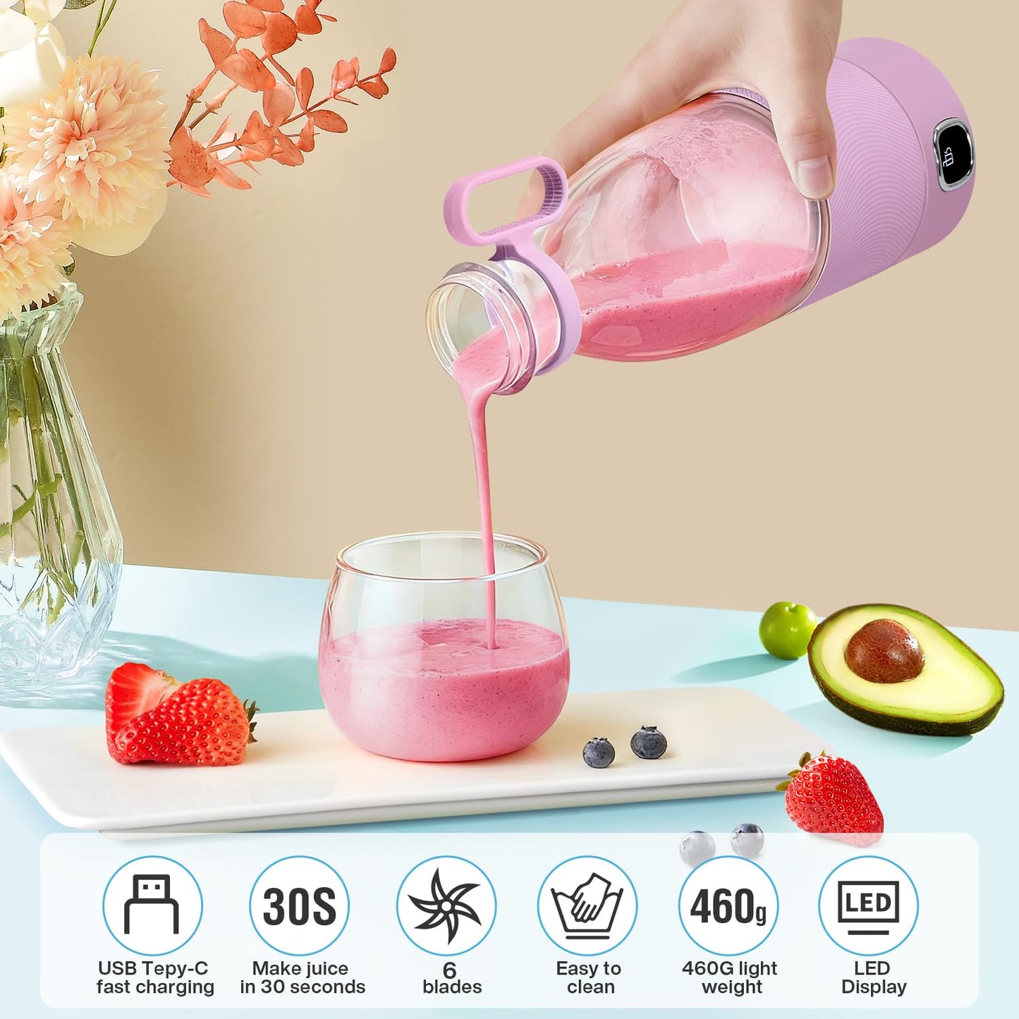 MIAOKE Portable Blender,Fashion Portable Blender for Shakes and Smoothies 11.8 Oz,Magnetic USB Fast Charging Mini Mixer Bottle,Take It for Traveling, Outdoor, Gym, Office, Cars, Gift -PK