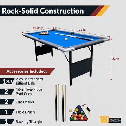 Hathaway Fairmont Portable 6-Ft Pool Table for Families with Easy Folding for Storage, Includes Balls, Cues, Chalk, Blue