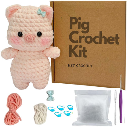 99WakeUp Crochet Kit for Beginners: Pink Pig Crochet Kit DIY Pig Amigurumi, Complete Beginner Starter Set, Include Step-by-Step Video Tutorials Learn to Crochet
