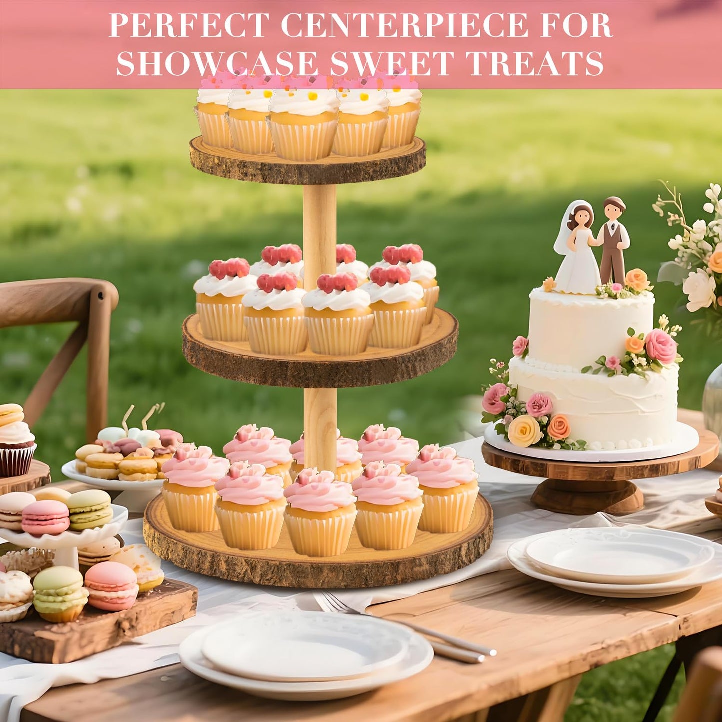 Gusnilo Rustic 3-Tier Wooden Cupcake Stand & Cake Tower – Natural Paulownia Wood Tiered Display for Weddings, Parties, Baby Showers, Holidays (Farmhouse Décor, Handcrafted Bark Design)