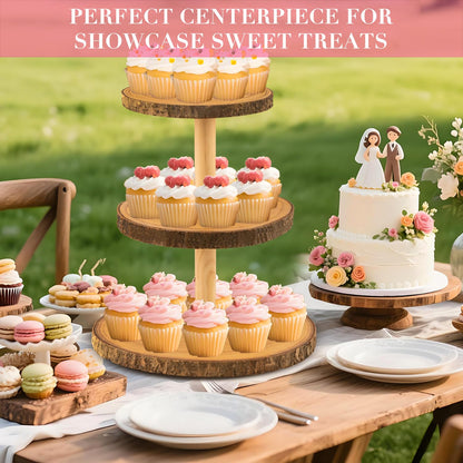 Gusnilo Rustic 3-Tier Wooden Cupcake Stand & Cake Tower – Natural Paulownia Wood Tiered Display for Weddings, Parties, Baby Showers, Holidays (Farmhouse Décor, Handcrafted Bark Design)