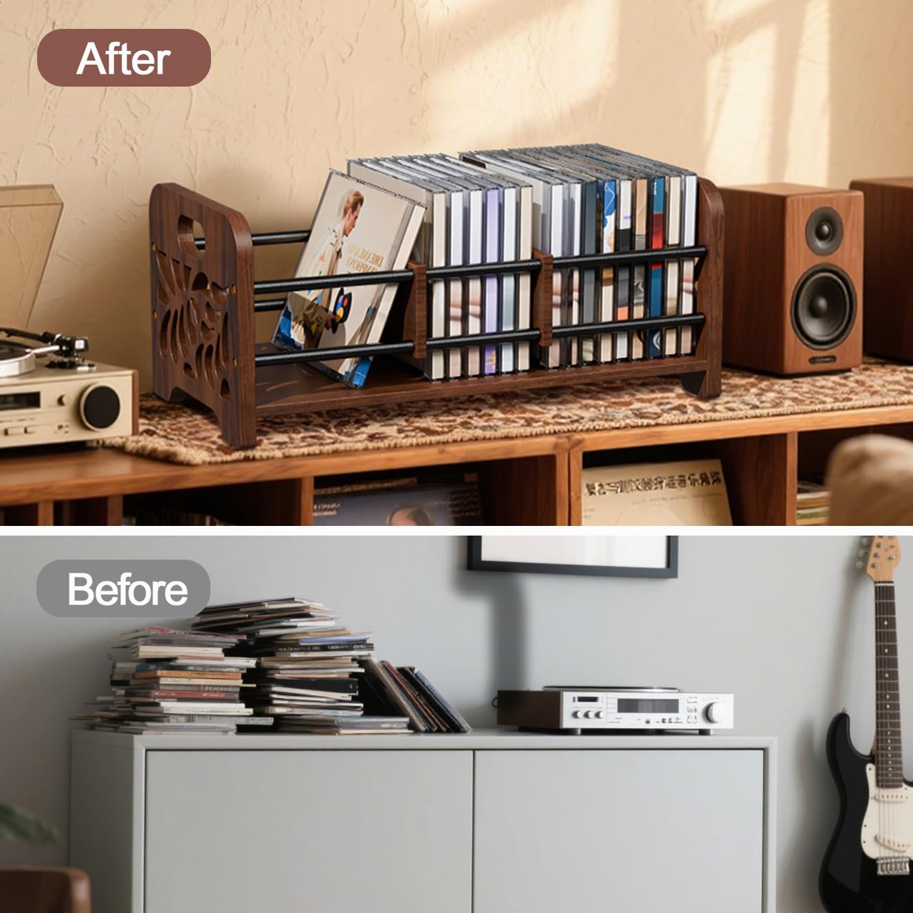 QILICHZ CD Holder,DVD Holder Storage,Wood CD Rack Organizer,DVD Rack,Cassette Tape Storage with Dividers for CDs, DVDS, Tapes,Video Game Cases, Tape Display Stand, Hold 35Pcs