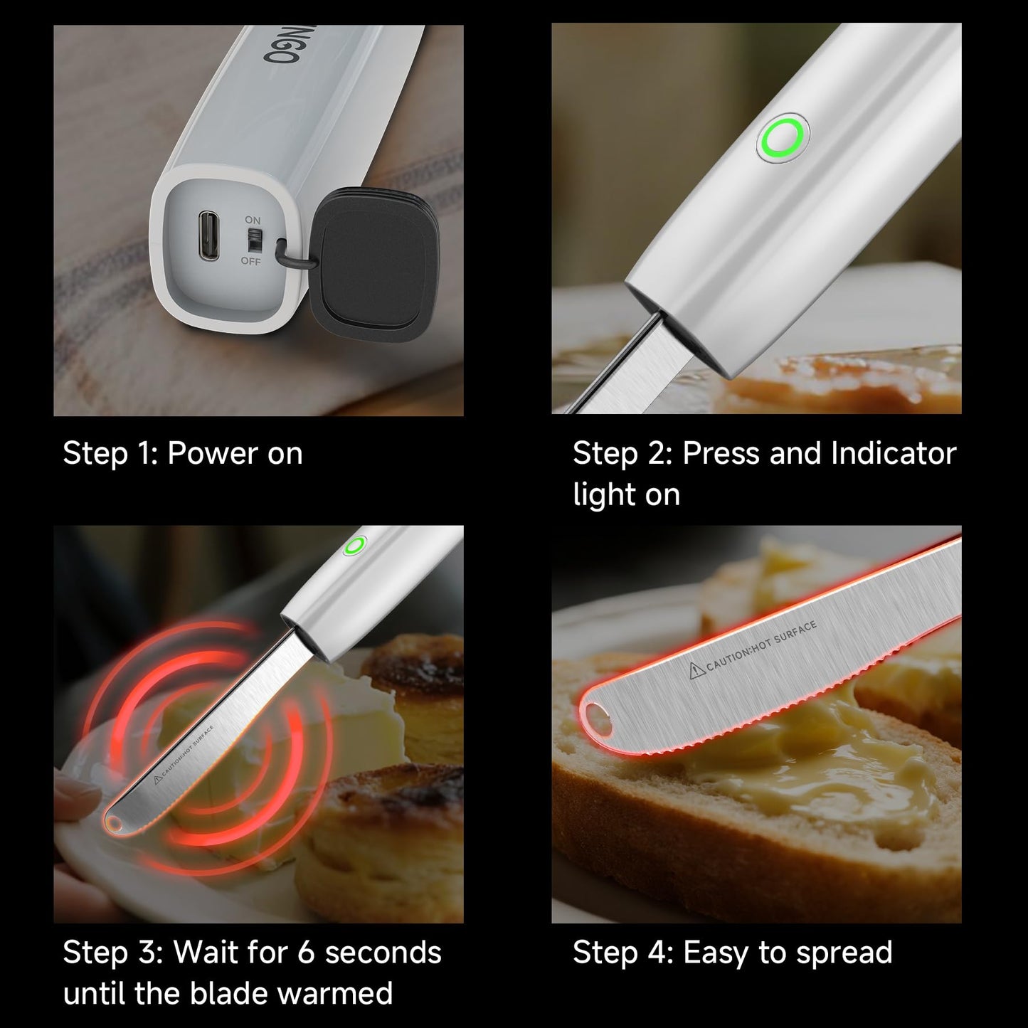 SEAINGO Heating Butter Knife Spreader - Rechargeable, Electric, Cordless, Heats up in 6 Seconds, Nonstick Stainless Steel Blade, ON/OFF Safety Lock Switch, 2 Warming Mode Can Quickly Melt Cold Hard Butter, Coconut Oil, Cream, Jam, Mustard, for Kitchen Res