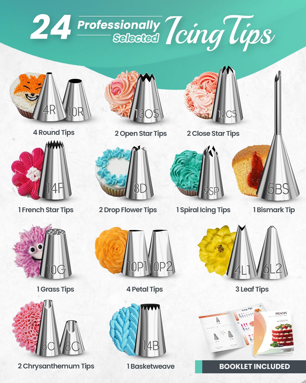 RFAQK 90PCs Cake Decorating Kit with Leveler, Baking Supplies Gift Includes Cake Stand Turntable, 24 Numbered Icing Tips, 55+1 Piping Bags, 2 Frosting Spatulas, 3 Scrappers, Video Course & Booklet