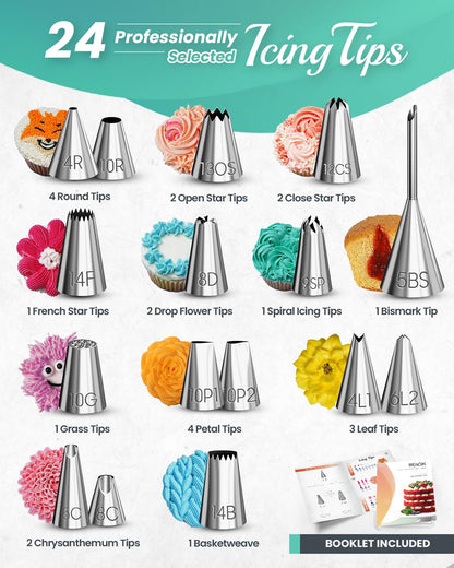RFAQK 90PCs Cake Decorating Kit with Leveler, Baking Supplies Gift Includes Cake Stand Turntable, 24 Numbered Icing Tips, 55+1 Piping Bags, 2 Frosting Spatulas, 3 Scrappers, Video Course & Booklet