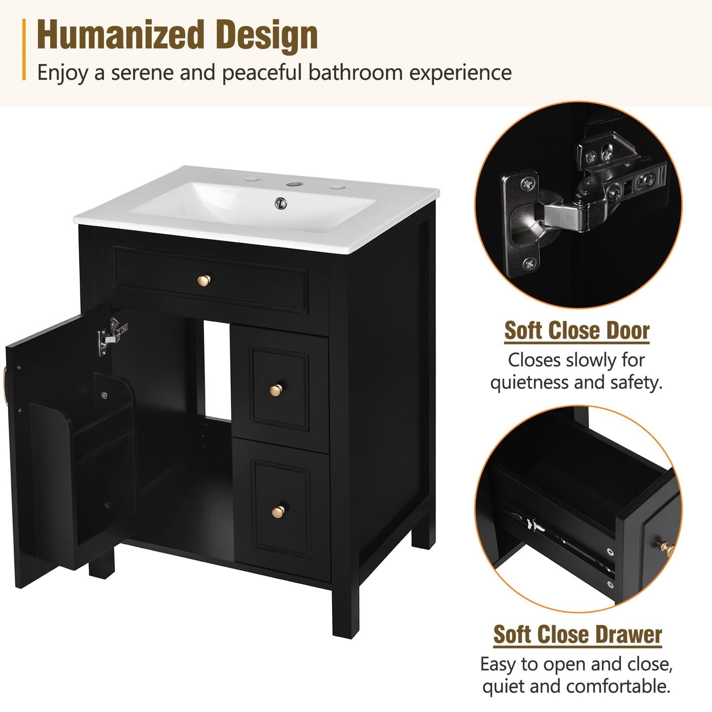 Favfurish 24" Bathroom Vanity with Ceramic Sink,Free Standing Single Basin Vanity w/Soft Close Door and Soft Closing Drawers,Wooden Bath Cabinet with Double Storage Racks on The Door,Black