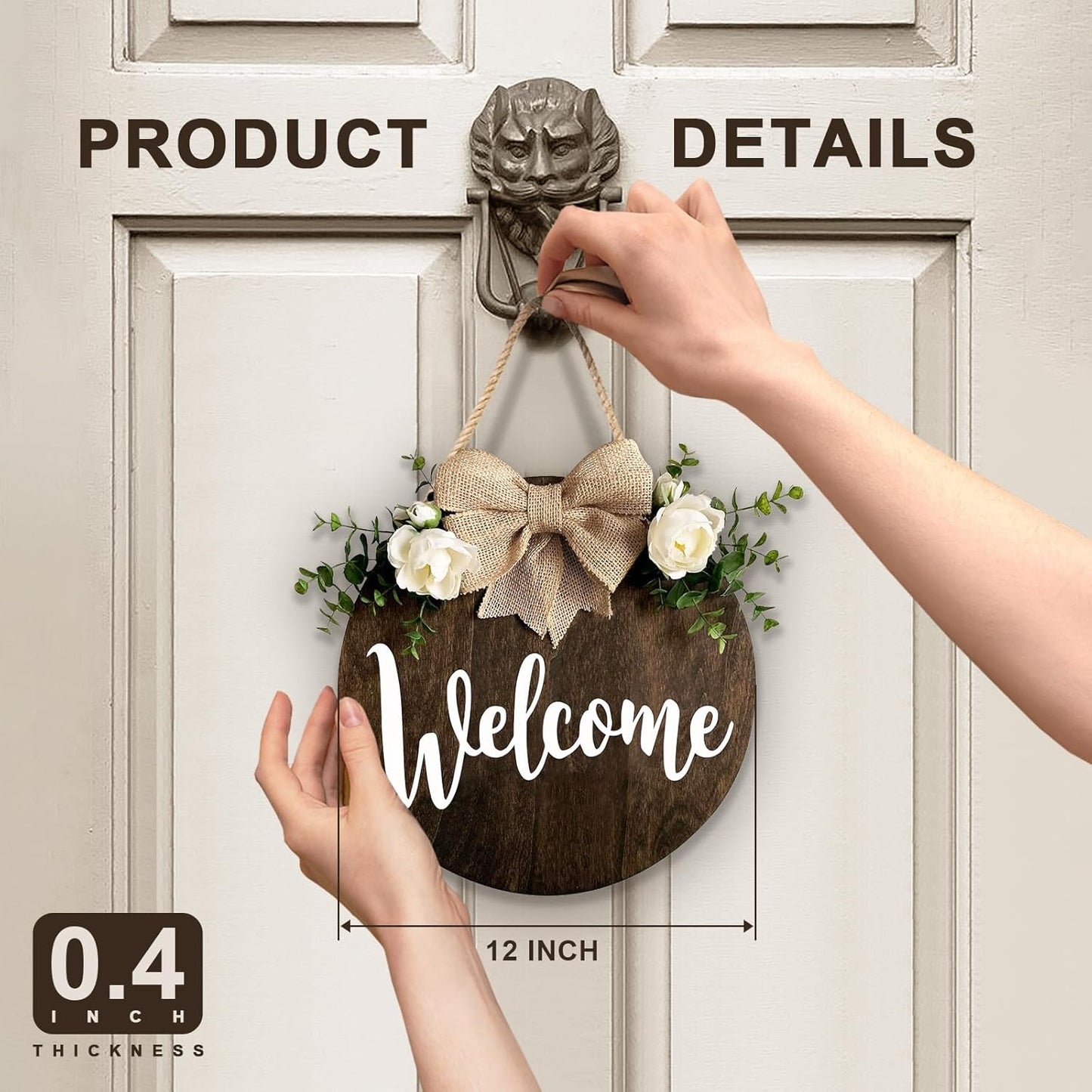 MayAvenue Welcome Wreaths Decor Sign, Round Wood Hanging Sign with Ribbon Bow and Green Leaves for Front Door