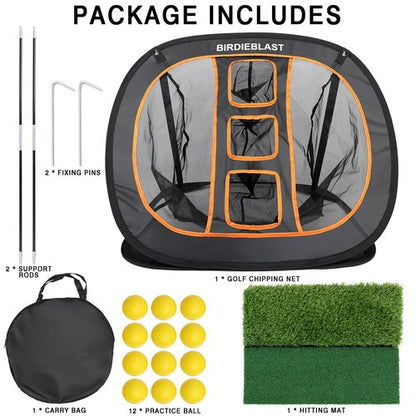 BIRDIEBLAST Professinoal Golf Chipping Net with Golf Hitting Mat,12 Practice Foam Balls and 2 Pixing Pins, for Indoor and Outdoor Target Chipping Training