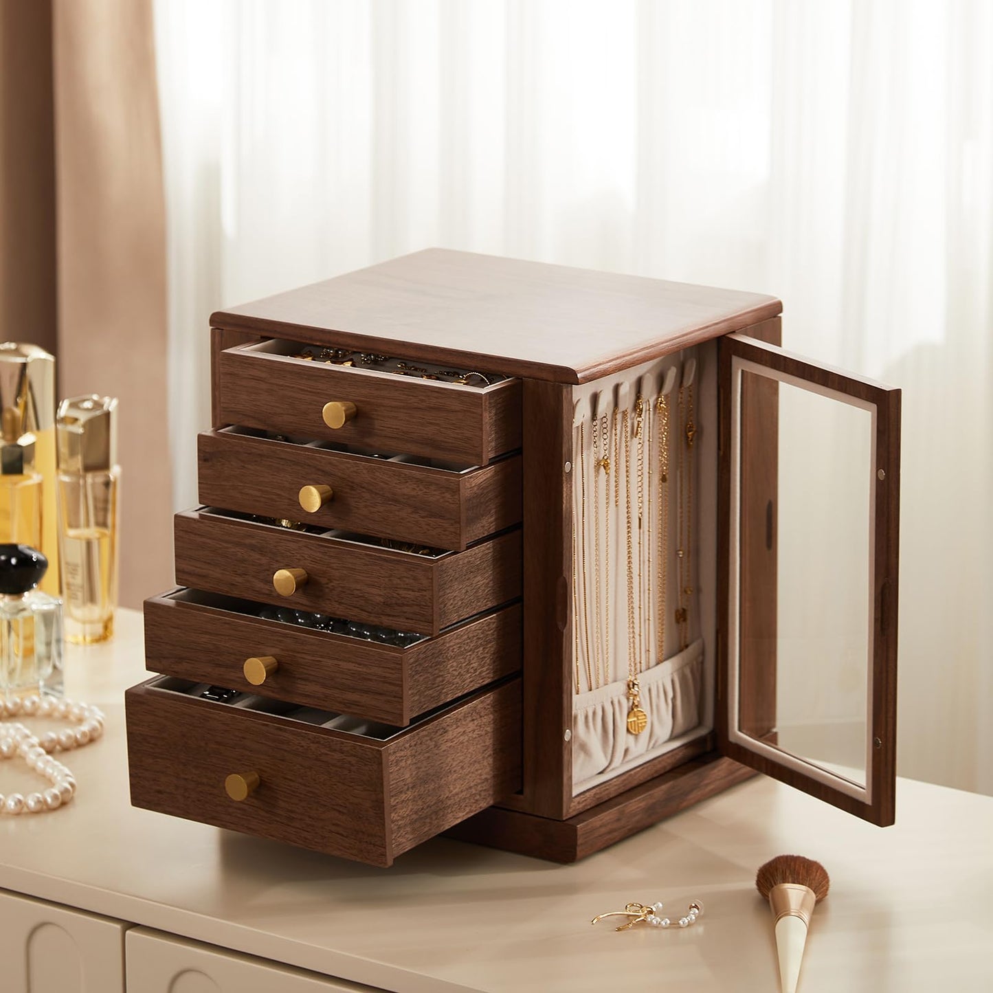 CHOSIN Black Walnut Wooden Jewelry Box, 360° Rotating Organizer with Glass Lid, 5 Drawers for Earrings, Rings, Necklaces – Vertical Jewelry Storage for Women, Ideal Gift for Her