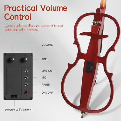 Ceciliec Electric Cello, 4/4 Full Size Silent Cello with Headphone Jack & Carry Bag, Professional Cello for Beginners/Adults