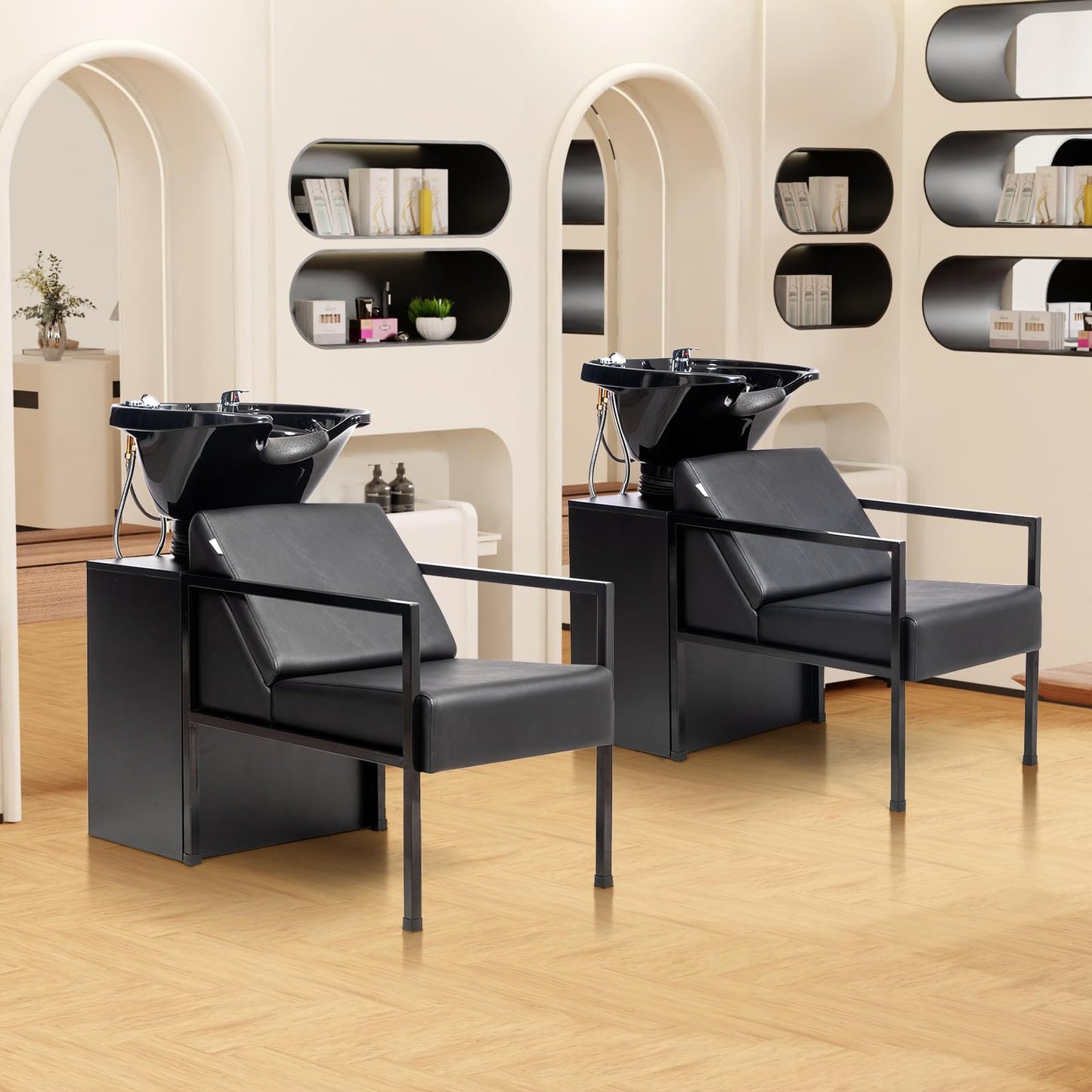 OmySalon Salon Shampoo Bowl and Chair, Hair Washing Station w/Tilting Sink & Storage Cabinet, Backwash Barber Chair for Barbershop Beauty Spa Massage Hairdressing