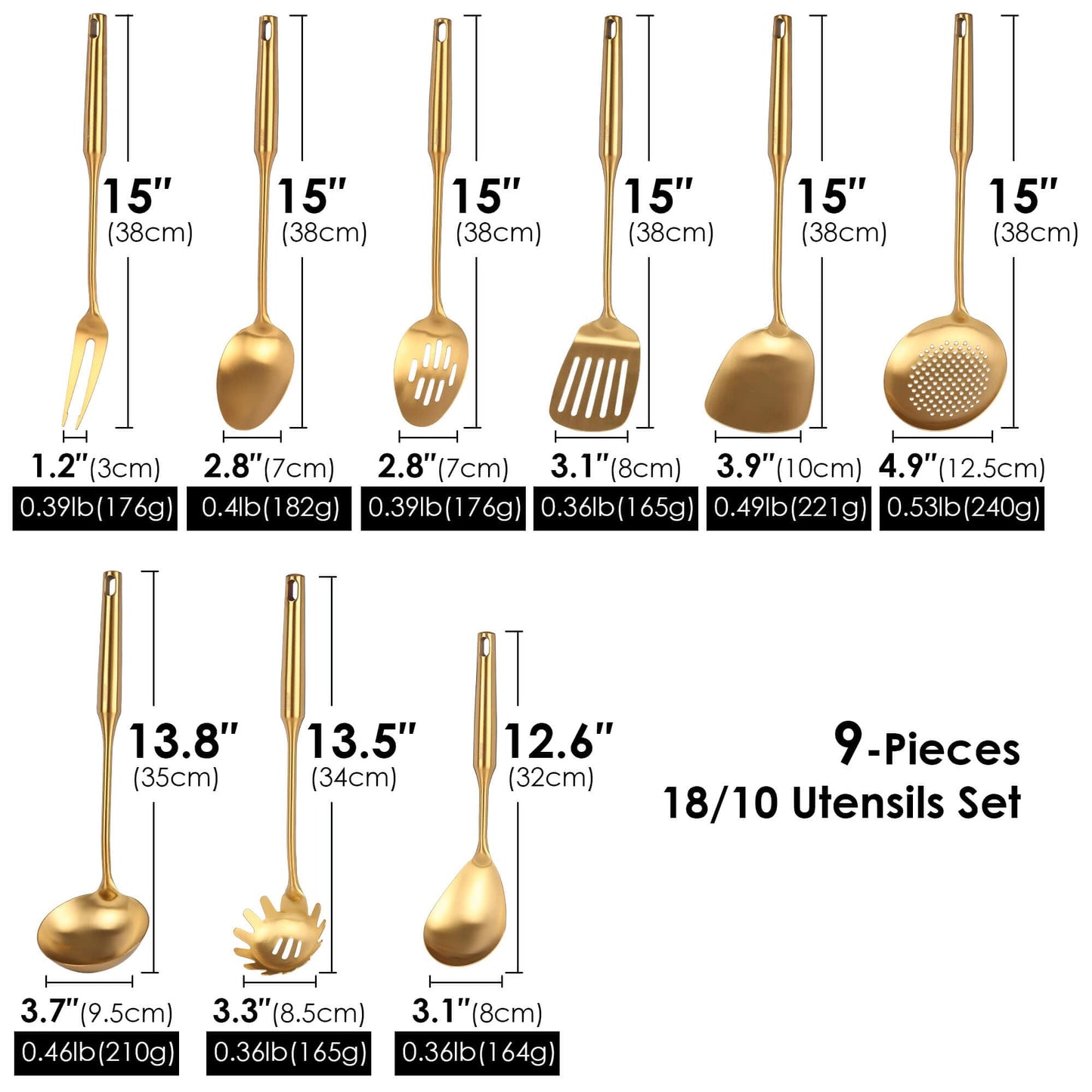 Gold Kitchen Utensils Set - 18/10 Stainless Steel Cooking Tools, 15" All Metal Serving Utensils with Fork, Solid/Slotted Spoon, Spatula, Ladle, Skimmer, Tunner, Pasta Spoon, Large Spoon, Set of 9