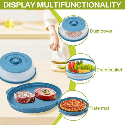 Microwave Splatter Cover for Food with Anti-scald Base Plate,Large Plastic & Silicone Vented Avoid Scalding Collapsible Guard Lid, Plate Holder & Kitchen Colander for Meal Prep-10.7 Inch (gray)