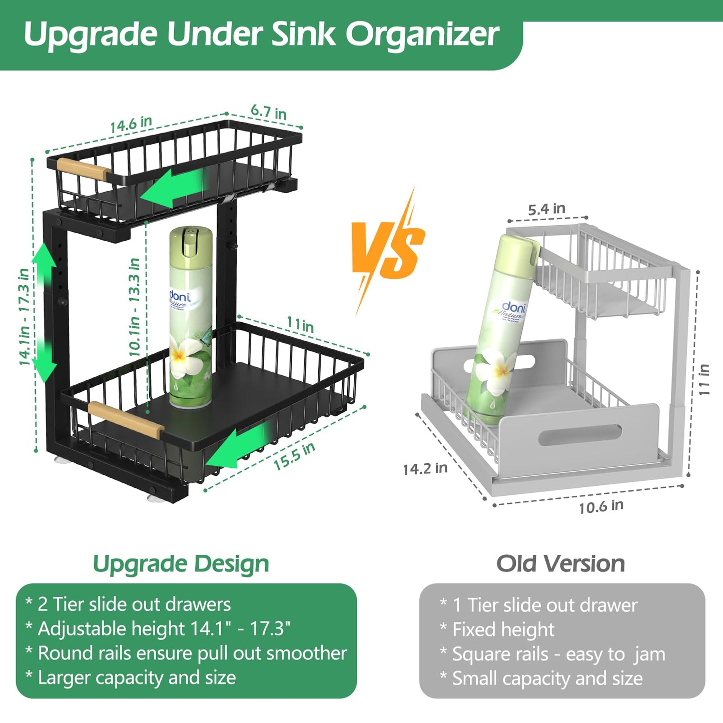 ADRIMER Under Sink Organizer 2 Packs, Pull Out Kitchen Sink Organizer, 2 Tier Slide Out Kitchen Organizers and Storage Bathroom Under Cabinet Storage Shelf, Black