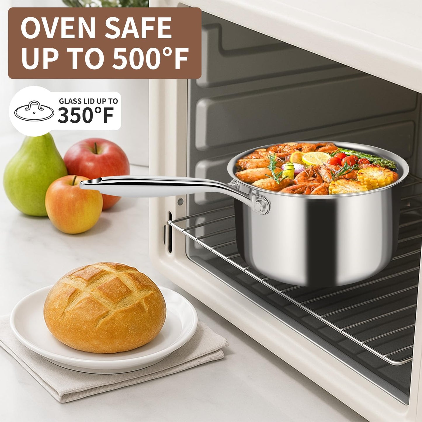 EWFEN 3 Ply Stainless Steel Sauce Pan Set with Lids, 1 & 2 Quart Multipurpose Cooking Pot, Stay-Cool Handle, Induction Oven Dishwasher Safe, 1QT & 2QT