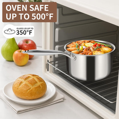 EWFEN 3 Ply Stainless Steel Sauce Pan Set with Lids, 1 & 2 Quart Multipurpose Cooking Pot, Stay-Cool Handle, Induction Oven Dishwasher Safe, 1QT & 2QT
