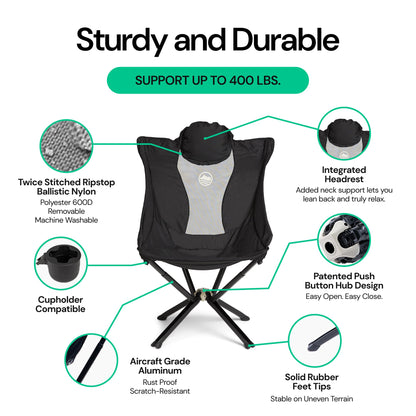 CLIQ EpiQ 1.0 Outdoor Camping Chair - High Backrest Integrated Pillow with MagiQ Hub for Quick Setup, Military Grade Frame Supports 400 lbs (Black)