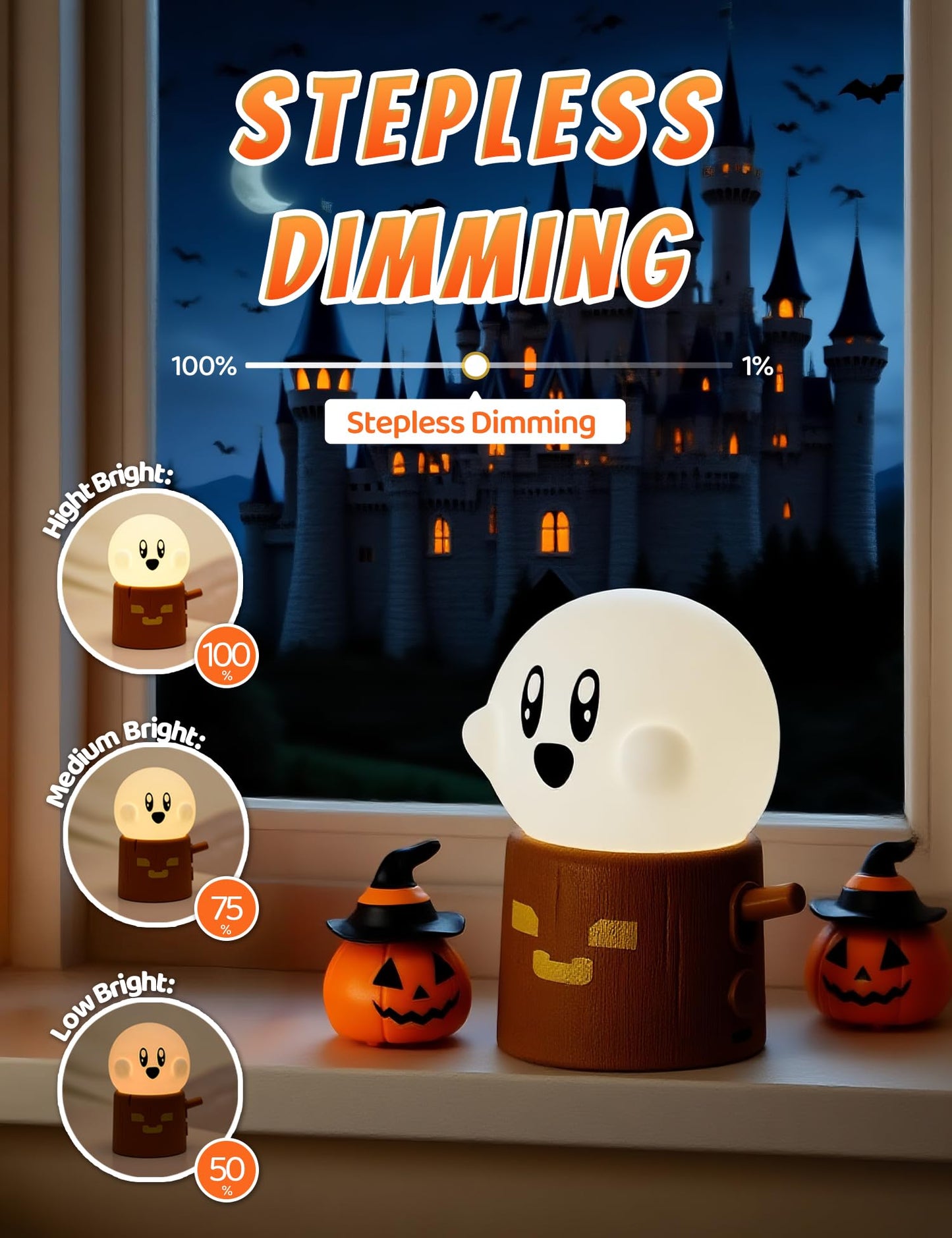 Cute Ghost Campfire Lamp, Halloween Decor,Kids Night Light，Adjustable Dimmable Rechargeable Night Light for Kids, Girls, Boys Gifts,Halloween,Christmas Decorations