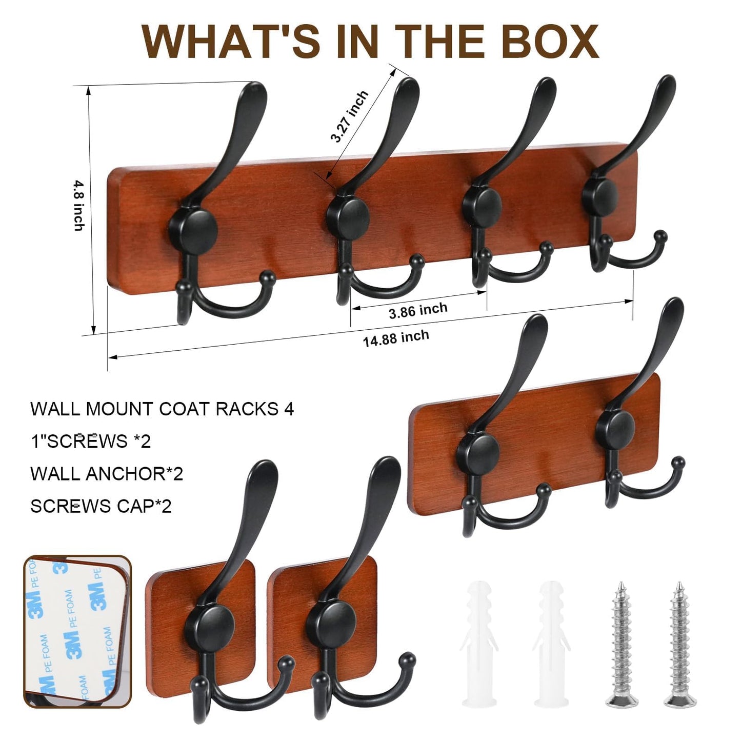evory Wooden Coat Rack Wall Mount Heavy Duty,4 Pack Coat Hanger Wall Mount with 8 Triple Hooks for Clothes, Jacket, Hat, Keys, Space Saving Entryway Organizer for Mudroom