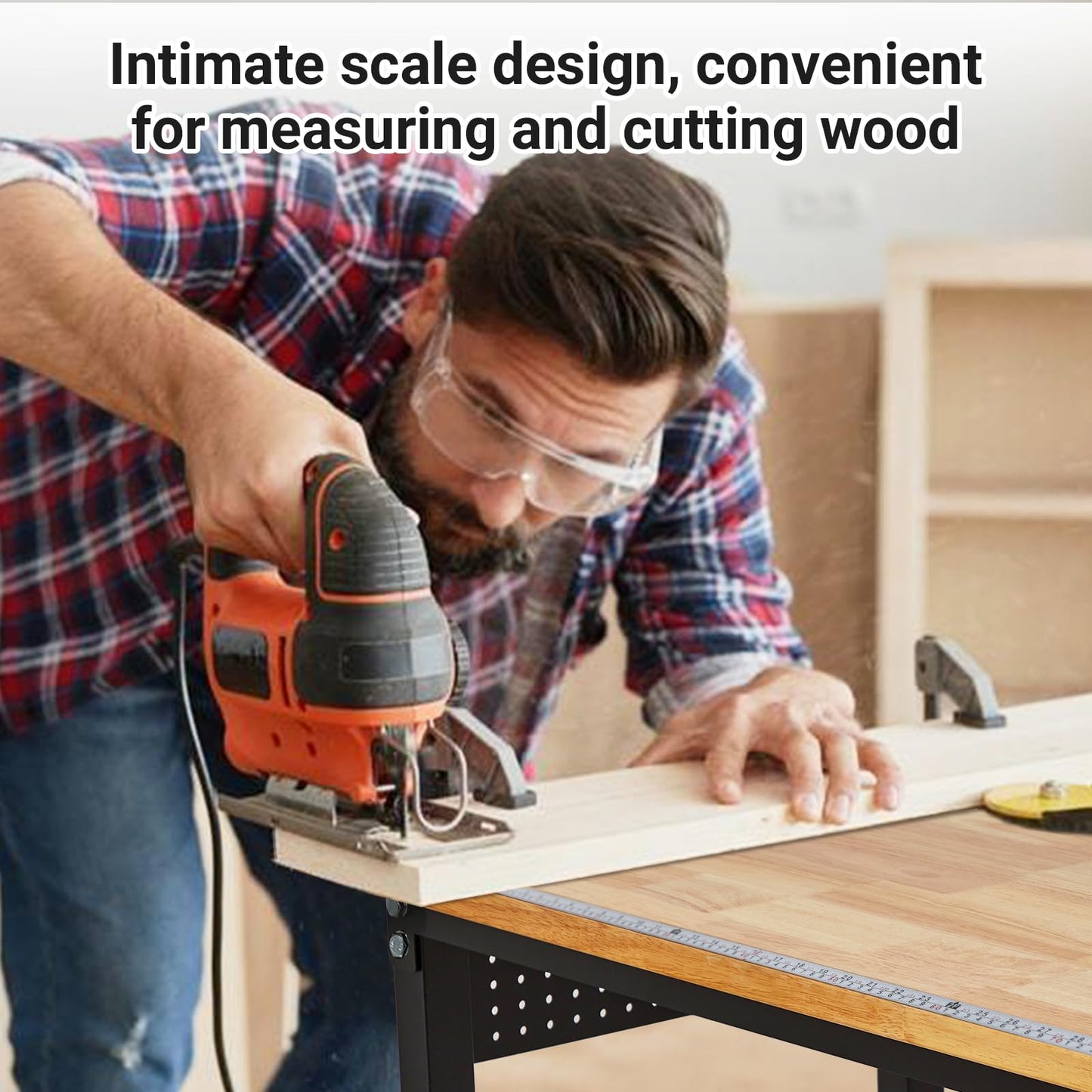 70" Adjustable Workbench with Power Outlet, 2000LBS Capacity Solid Rubber Wood Top & Thickened Steel Legs, 8-Levels Adjustable Heigh Work Table, Easy Assembly for Garage, Workshop, Home