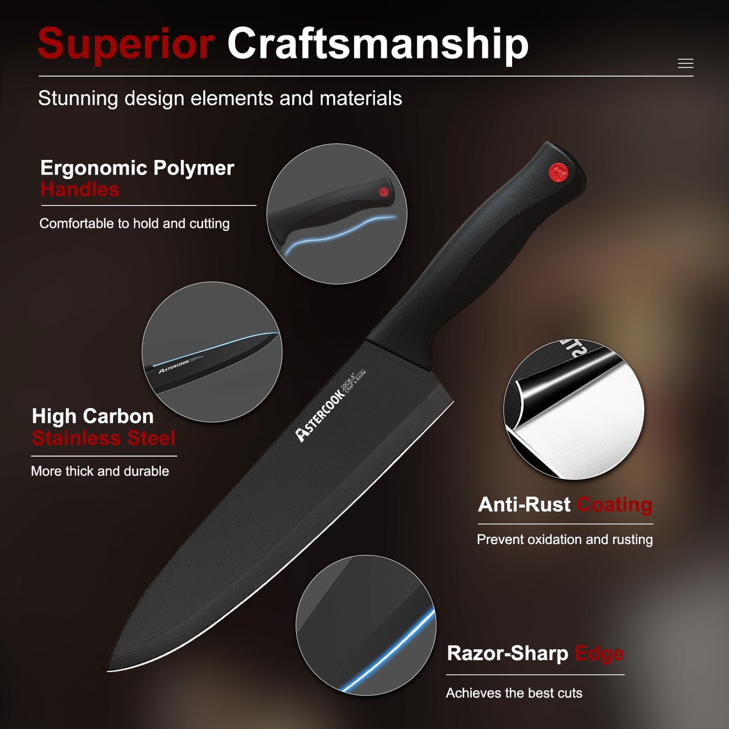 Knife Set, Astercook 15 Pieces Knife Sets for Kitchen with Block, Dishwasher Safe Kitchen Knife Set with Built in Sharpener Block, German Stainless Steel Knife Block Set, Mothers Day Gifts for Women