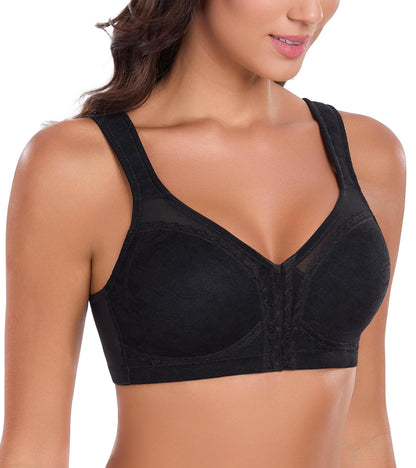 Lemorosy Women's Full Coverage Plus Size Front Closure Posture Back Non-Padded Wireless Support Minimizer Bra (38G, Black)