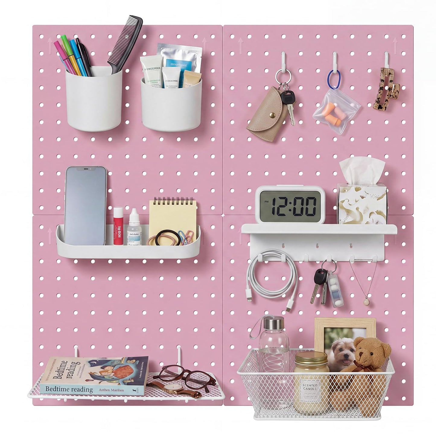Pegboard Wall Organizer, 4 x11” x 11” ABS Peg Board Wall Organizer with Hooks, Shelves & Baskets, Drill or Adhesive Mount, 110 lbs Heavy Duty Wall Storage for Kitchen, Garage, Bathroom, Office (Pink)
