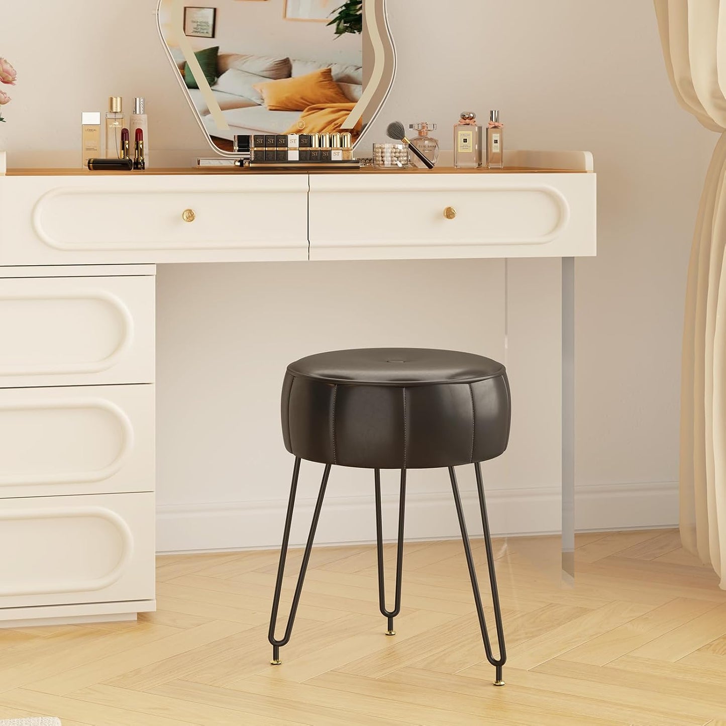 12.6" 12.6" 17.32" UHBD036B YMYNY Vanity Stool, Pumpkin Style Faux Leather Pouf, Modern Multifunctional Make-up Stool