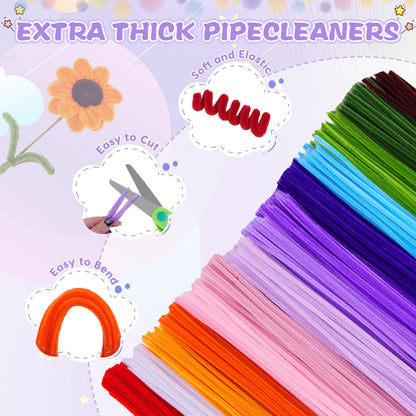 900 PCS Pipe Cleaners Craft, Pipe Cleaner Bulk Flower Kit 14 Colors Chenille Stems Flower Making Kit with Greeting Card, Floral Wires, Tape, Stamen, Floral Wrapping Paper & Ribbon for Art DIY Flowers