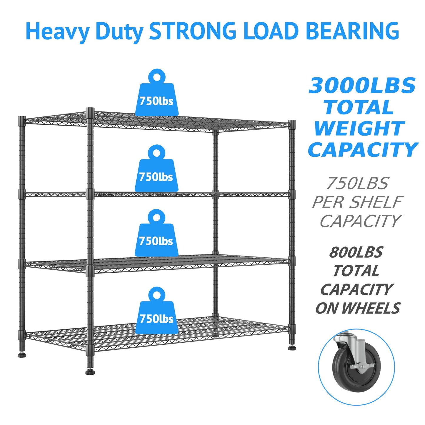 Homdox Heavy Duty Metal Shelves for Storage, 4 Tier Storage Racks and Shelving, Commercial Adjustable Wire Shelving Unit on Wheels, Garage Rack Pantry Shelves Kitchen Shelving, 24"x60"x72", Black