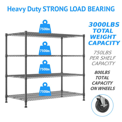 Homdox Heavy Duty Metal Shelves for Storage, 4 Tier Storage Racks and Shelving, Commercial Adjustable Wire Shelving Unit on Wheels, Garage Rack Pantry Shelves Kitchen Shelving, 24"x60"x72", Black