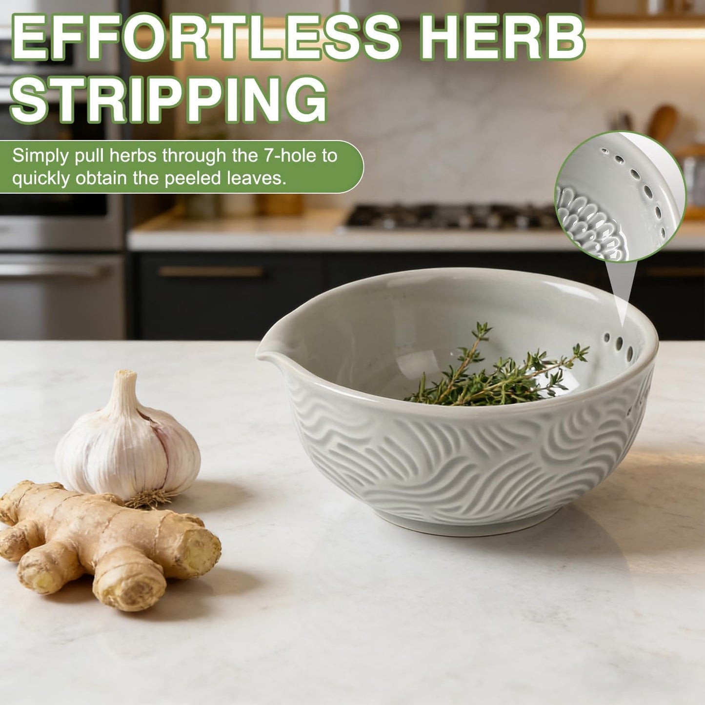 Ceramic Grater Bowl with Herb Stripper, 3 in 1 Handmade Ginger Grater Bowl, Garlic Grater Plate, Multi-Functional Kitchen Tools and Gadgets, for Garlic, Chocolate, Herbs, Etc