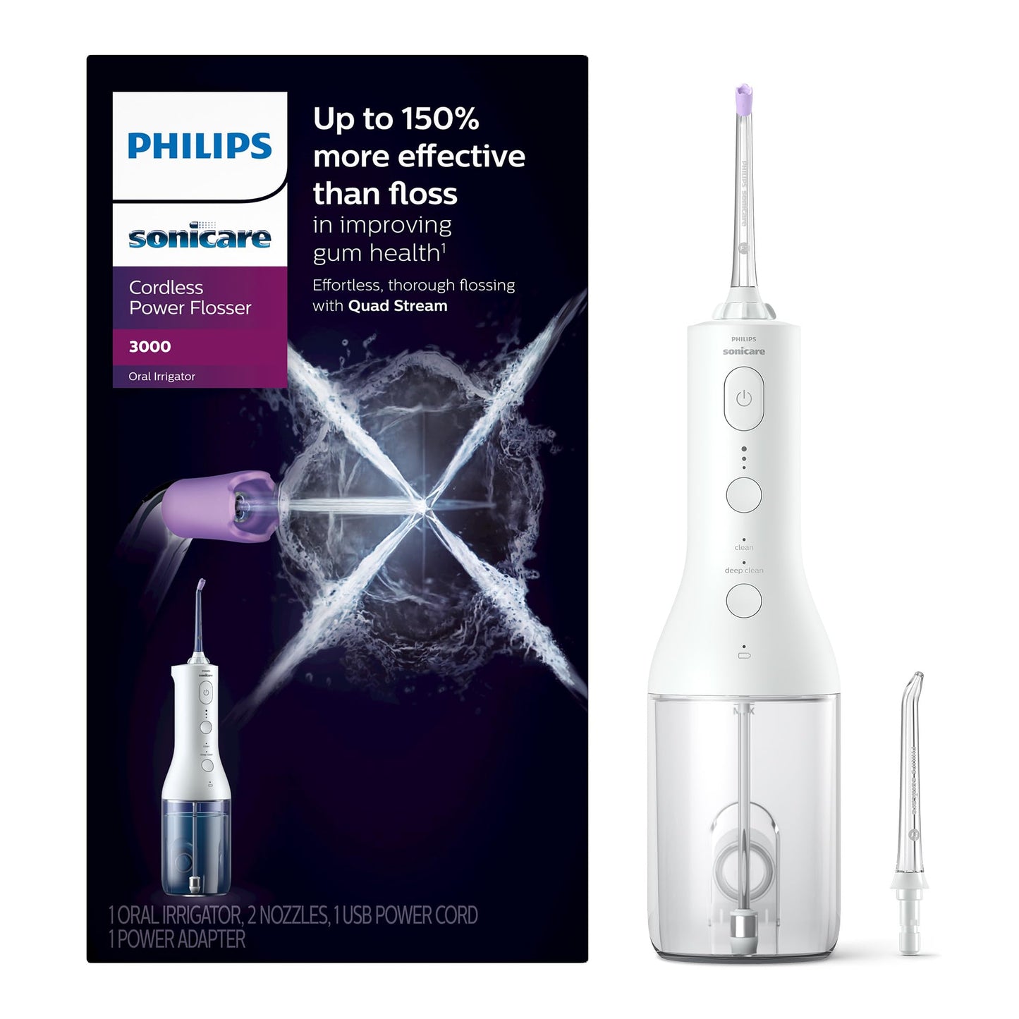 Philips Sonicare Cordless Power Flosser 3000 - Water Flosser with Innovative Quad Stream Technology, Oral Irrigator with 2 Flossing Modes and 3 Pressure Levels, IPX7 Waterproof, Black, HX3826/23