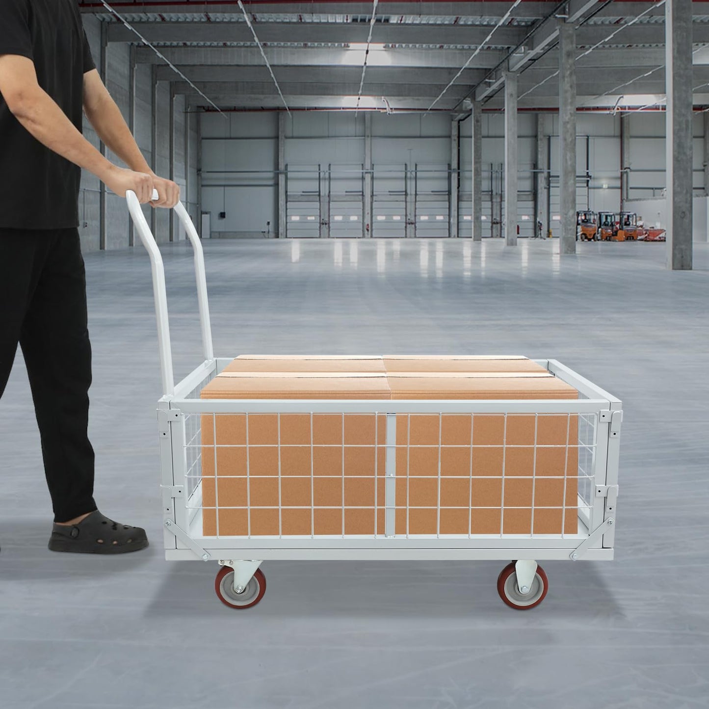 Platform Truck Cart, 4-in-1 Heavy Duty Flatbed Dolly with Detachable Wire Cage, Folding Utility Push Cart with 360° Swivel Casters, Steel Rolling Trolley for Warehouse Garage Transport Moving