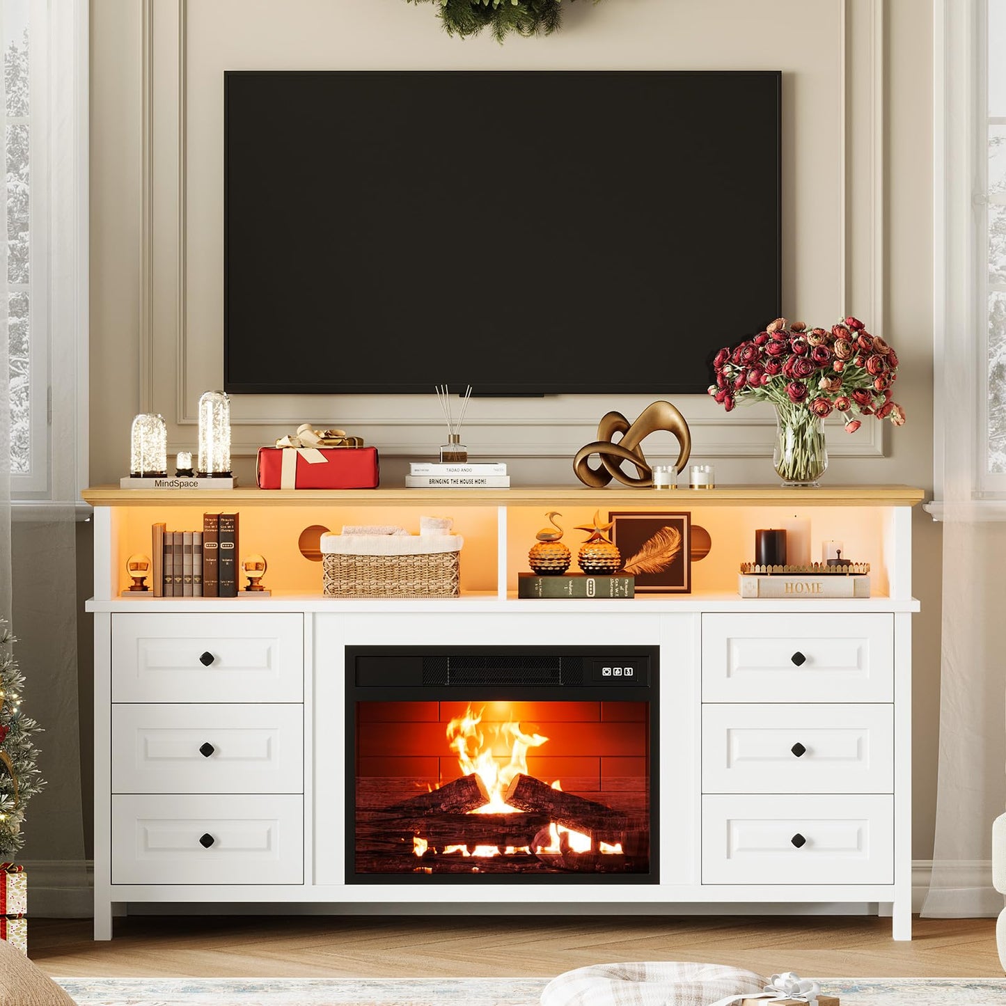 JoanKaren TV Stand with Electric Fireplace, 60" Entertainment Center for 65 Inch TV, LED Light Smart RGB, Modern Farmhouse Console, 6 Drawers Storage，Fit Into 23''Electric Fireplaces(White)