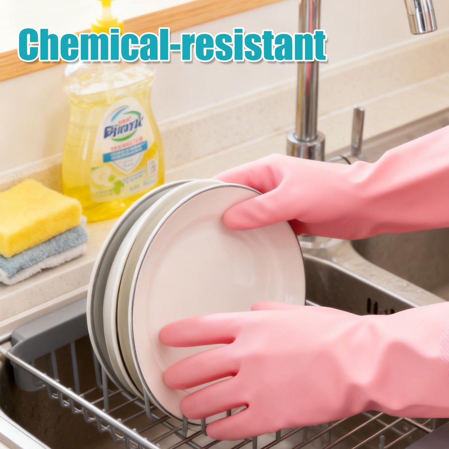 choosme Household Gloves Waterproof with Flock Lining for Dishwashing Cleaning Reusable No-slip for Kitchen & Bathroom 3 Pairs Medium Blue+Green+Pink