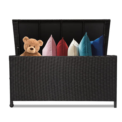 Outdoor Wicker Storage Box, Rattan Woven Bin Deck Box, Large Capacity Water-resistant Container for Patio Garden Tools, Pool Toys, Pillows, Cushions (Black)