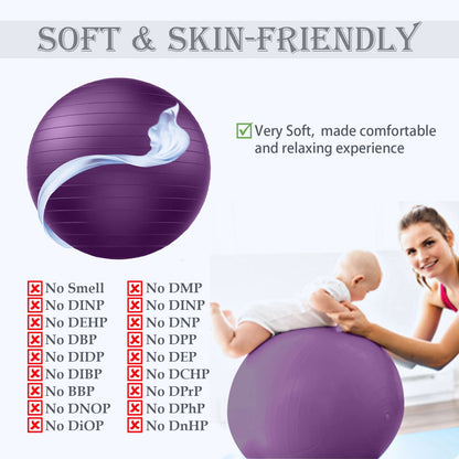Soft Exercise Ball, Anti-Burst Yoga Ball Chair Supports 2200lbs, Stability Swiss Ball w/Pump for Pregnancy Birthing, Excersize, Workout, Fitness, Balance, Gym, Physio, Abs (Office & Home & School)
