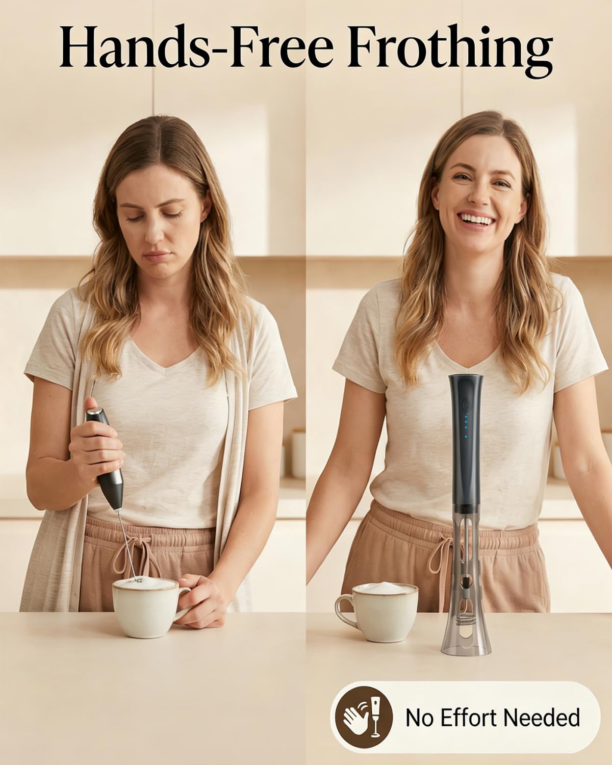 Milk Frother Handheld, Low Noise Rechargeable Frother Wand with Stand, Stainless Steel Shaft for Stability Stirrers Electric, Anti-Accidental Start Design, Coffee Mixer with 2 Double Coil Whisks