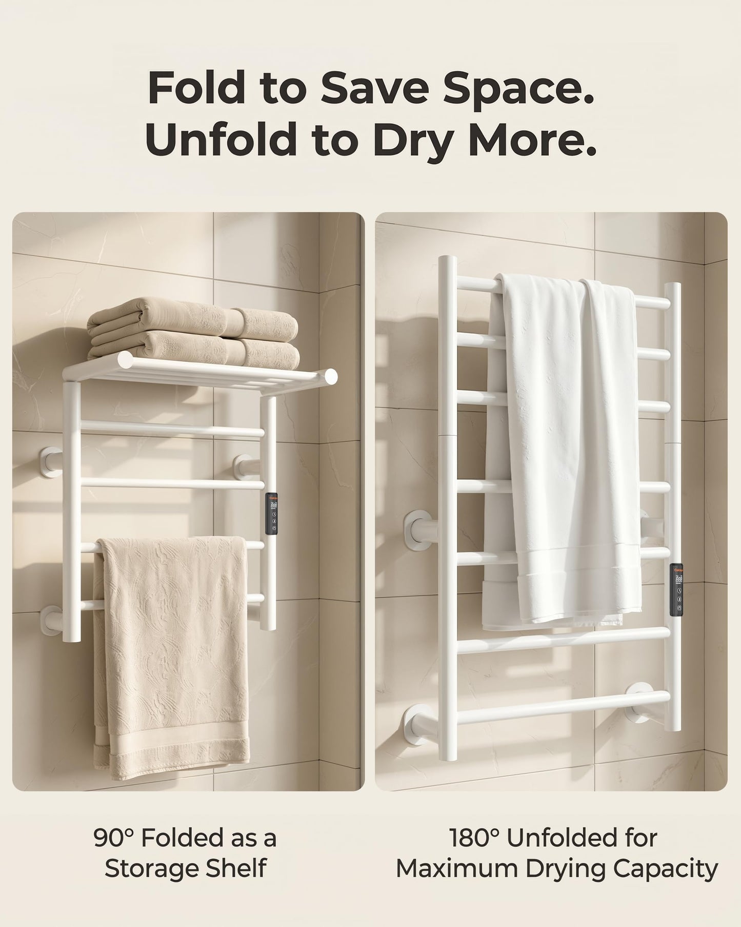 Caldayx Foldable Heated Towel Rack, Dual-Zone Electric Towel Warmer Rack with Timer, GFCI Plug-in or Hardwired, Wall-Mounted, Drill-Free Installation, Matte White, CA3-700X550-Standard-MW