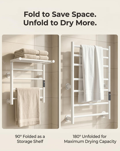 Caldayx Foldable Heated Towel Rack, Dual-Zone Electric Towel Warmer Rack with Timer, GFCI Plug-in or Hardwired, Wall-Mounted, Drill-Free Installation, Matte White, CA3-700X550-Standard-MW