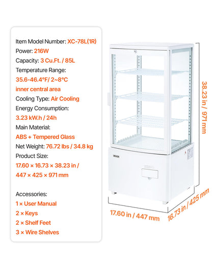 VEVOR Refrigerated Display Case, 3 Cu.Ft./85L Countertop Pastry Display Case, 3-Tier Commercial Cake Refrigerator with LED Lighting, TURBO Cooling, Frost-Free Air-Cooling, for Bakery, Dessert Shop